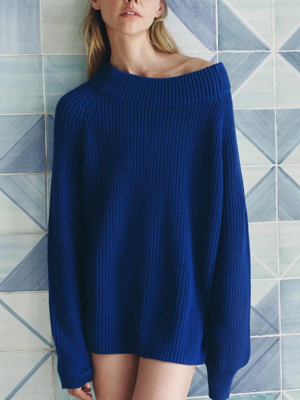 Zara Cobalt Blue Oversized Ribbed Knit Sweater Wide Neck Slouchy Pullover